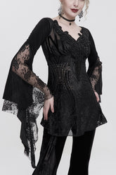 T-shirt gothique pour femme à manches longues, col en V noir, perles, dentelle, poignets évasés, fleurs, hanches couvertes